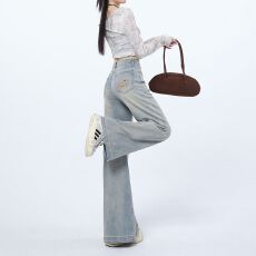 批发美式阔腿<b class='q'>牛仔裤</b>女秋季2026新款加绒小个子高腰垂感九分直筒拖地裤