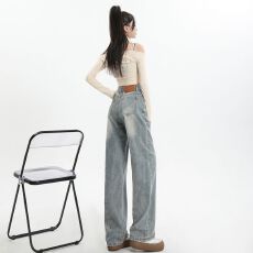 批发浅色阔腿高腰牛仔裤女2026秋<b class='q'>冬</b>美式高街显瘦辣妹拖地宽松直筒裤子
