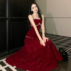 批发法式镶钻细闪红色丝绒连衣裙荷叶边圣诞礼服