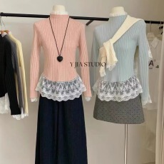 批发秋冬新款韩版修身拼接蕾<b class='q'>丝</b>裙摆甜美减龄显瘦百搭套头打底针织衫女