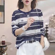 批发多巴胺穿搭条纹针织衫长袖T恤胖mm遮肚显瘦防晒<b class='q'>罩衫</b>薄衫冰丝上衣