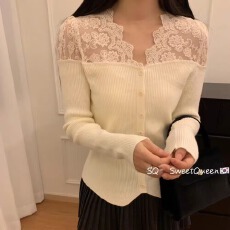 批发2025秋冬爆款法式蕾丝拼接针织开衫女洋气别致修身显瘦内搭<b class='q'>打底衫</b>