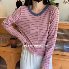 批发黑白撞色条纹毛衣开衫女短款长袖打底春季薄款外套<b class='q'>宽松</b>百搭短上衣