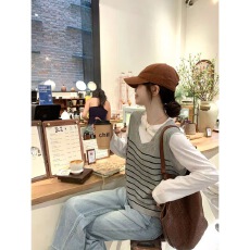 批发韩系设计感无袖条纹马甲背心2025秋冬季百搭款拼色宽松个性显瘦