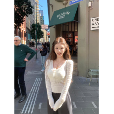 JMSHOP 暮色memory 镂空波浪V领针织上衣女秋设计感绑带长袖毛衣