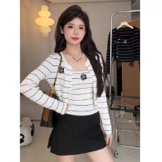 批发小香风<b class='q'>条纹</b>长袖针织<b class='q'>开衫</b>女秋季新款百搭小吊带两件套