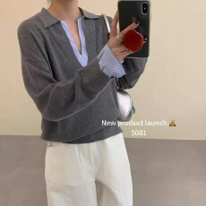 批发假两件针织衫女士开春韩系百搭撞色超好看独特漂亮宽松Polo领上衣