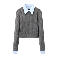 批发秋冬新款韩版学院风拼接衬衫领可拆卸麻花针织假两件长袖上衣女