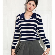 批发秋季新款翻领撞色减龄针织衫宽松显瘦百搭长袖上衣时尚小众秋冬款