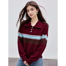 批发韩系学院风灰色polo领条纹针织衫女2025年秋长袖毛衣百搭上衣