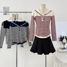 批发海军领撞色条纹长袖针织衫女2025秋季新款假两件显瘦百搭短款上衣