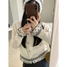 批发韩系波点蕾丝花边拼接长袖羊毛针织开衫女秋季新款时髦外套