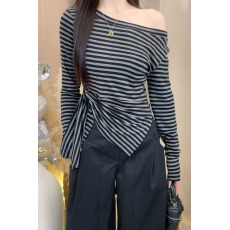 批发十三行新款韩系条纹不规则斜肩长袖T恤女收腰显瘦打底上衣