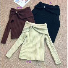 批发已发货 韩版高级感一字肩大翻领金属扣饰坑条显瘦长袖上衣