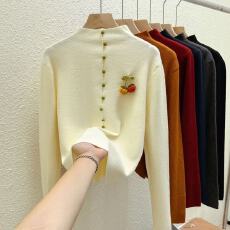 批发秋冬新款半高领针织衫女立体南瓜樱桃装饰修身显瘦打底毛衣上衣潮