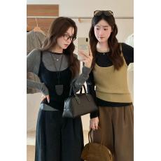 批发已出货 撞色圆领薄款显瘦百搭长袖打底针织衫+气质针织背心套装