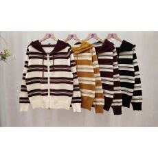 批发2025年秋冬季新款休闲时尚连帽抽绳带子条纹宽松<b class='q'>开衫</b><b class='q'>外</b>百搭上衣女