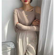 批发秋冬港味纯欲风纯色露肩长袖针织T恤ins修身短款内搭打底衫