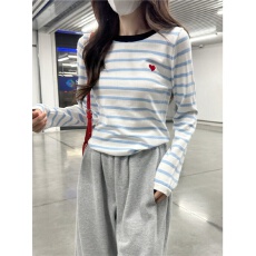 批发撞色条纹长袖针织衫女夏季2025新款软糯圆领内搭修身甜美爱心上衣