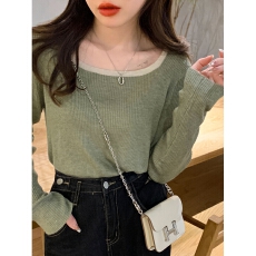 批发针织打底衫女秋季内搭毛衣修身显瘦百搭设计感撞色方领长袖上衣服