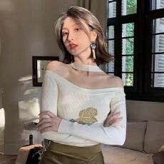 批发复古针织衫女秋冬季设计感小众印花修身显瘦露肩气质上衣打底衫女