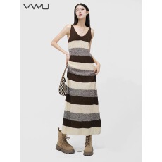 批发VWU美拉德拼色条纹针织无袖连衣裙女2024早秋新款打底吊带长裙子