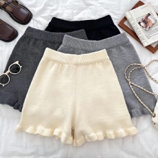 批发韩国秋冬<b class='q'>甜美</b>百搭木耳边松紧高腰显瘦针织短裤
