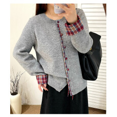 批发女装拼接长袖圆领外套女毛衣2025新款韩版 秋冬休闲针织开衫