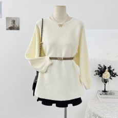 批发韩系复古纯色中长款宽松圆领长袖T恤女冬2025配腰带收腰显瘦上衣