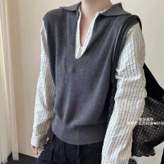 批发极简风假两件衬衫拼接毛针织衫女秋冬新款套头毛衣打底衫叠穿上衣