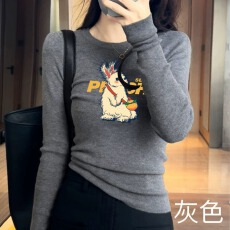 批发法式卡通风圆领秋冬新款长袖针织衫女修身显瘦图案高级感内搭上衣
