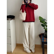 批发2025春秋冬新款 韩版撞色圆领小宽松百搭套头打底毛衣 新年红本命