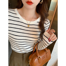 批发条纹针织衫女2024年秋冬新款打底衫毛衣内搭修身显瘦早秋长袖上衣