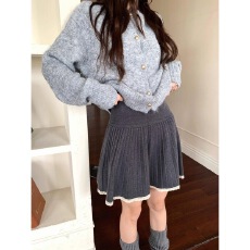 批发学院风<b class='q'>蕾丝</b>花边拼接<b class='q'>半身裙</b>女秋冬新款高腰百褶针织A字短裙