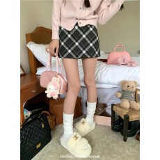 批发美式复古格子半身裙女秋冬新款红色毛呢包臀裙A字裙格纹短裙裙子