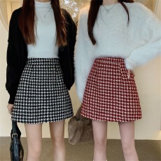 批发实拍实价 秋冬新款微闪亮片高腰显瘦千鸟格呢子半身裙A字短裙