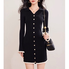 批发<b class='q'>韩国</b>2025新小香风V领针织打底<b class='q'>连衣裙</b>女赫本黑色花边拼接包臀短裙