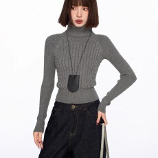 批发灰色高领针织毛衣内搭打底衫女秋冬季加厚短款修身紧身羊毛衫上衣