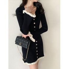 批发韩国2025新小香风V领针织打底连衣裙女赫本<b class='q'>黑色</b>花边拼接包臀短裙