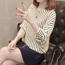 批发2025新款包芯纱长袖竖条蝙蝠衫韩版<b class='q'>宽松</b>显瘦套头针织衫短款女<b class='q'>上衣</b>