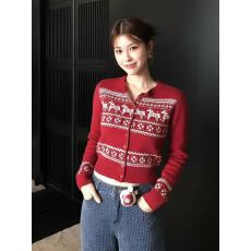 批发圣诞红色费尔岛针织开衫<b class='q'>女</b>冬季法式复古修身显瘦菱格短款毛衣
