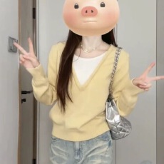 批发撞色假两件V领毛衣女春秋季新款设计感宽松<b class='q'>长袖</b>针织衫ins打底上衣