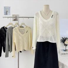 批发韩系设计感镂空V领长袖<b class='q'>针织</b>衫女春2026时尚气质减龄宽松叠穿<b class='q'>罩衫</b>