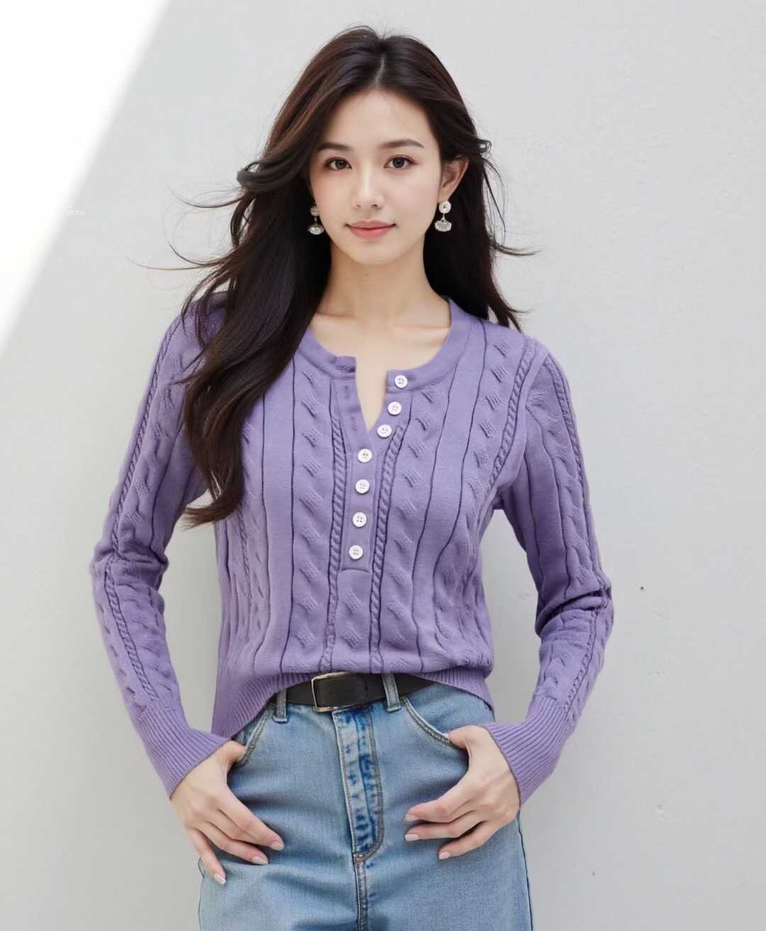 MY16148#法式温柔气质纽扣半开胸坑条显瘦百搭针织长袖女女裝貨源服裝批...