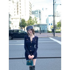 批发Chill巧儿智性巴尔曼小香风千金感修身收腰针织长袖<b class='q'>连衣裙</b>女