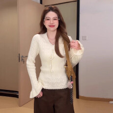 批发法式甜美风系带V领毛衣女2025秋冬内搭针织打底<b class='q'>衫</b>修身上衣
