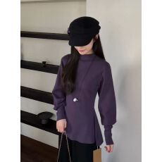 批发极简风紫色半高领长袖针织衫女2025新款<b class='q'>秋冬</b>季收腰显瘦设计感上衣