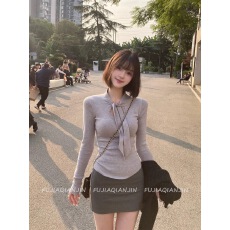 批发美式辣妹飘带长袖针织衫女<b class='q'>秋冬</b>设计感气质修身显瘦内搭打底衫上衣