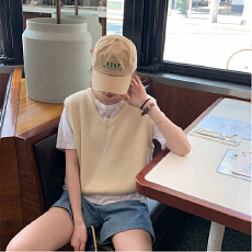 批发短款v领针织马甲背心女外穿套头<b class='q'>毛衣</b>秋装宽松杏色坎肩马夹上衣潮