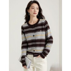 批发韩版小众减龄圆领撞色条纹针织开衫女百搭毛衣